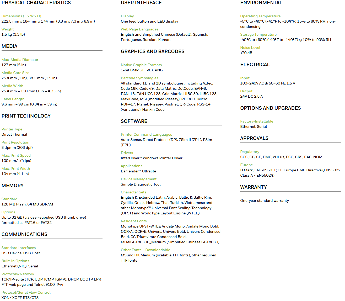 specifications